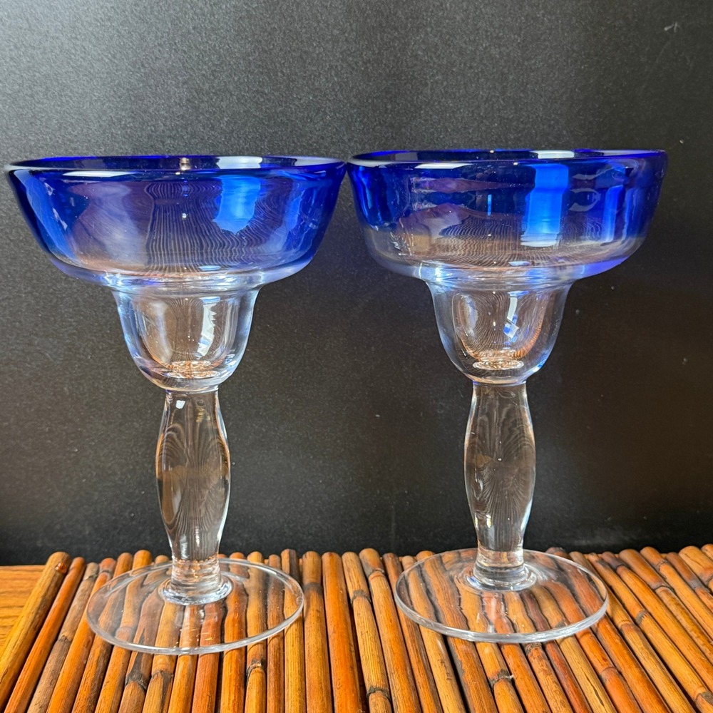 3 qty Mexican Hand Blown Margarita Glasses Cobalt Blue Rim‎ Summer Party taco